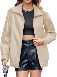 Miladusa Womens Oversized Leather Jacket Lapel Bomber Coat Classic Casual Zip Up Warm Fall Winter Clothing Beige XL