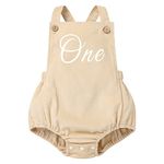 Odizli 1st Birthday Outfit Girl Boys Baby Summer Sleeveless Boho One Letter Print Corduroy Romper Overalls Bodysuit First 1 Year Birthday Gifts Cake Smash Photo Shoot Clothes Beige 12-18 Months