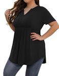 SHIJIALI Women's Plus Size Henley Shirts Casual Tunics Tops Short Sleeve Swing Flowy Blouse Comfy Elastic Cute Pure Black-X-Large