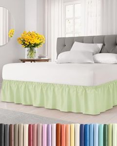 Wrap Around Dust Ruffle Bed Skirt - Light Sage Green - for King Size Beds w/ 24" Drop - Easy Fit Elastic Strap - Adjustable Pleated Bedskirt w/Brushed Fabric - Wrinkle Free - Women, Men, Kids & Teens