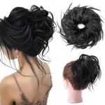 S-noilite Tousled Updo Scrunchie Dark Black Messy Hair Bun Extension with Elastic Rubber Band Updo Chignon Messy Bun Hair Pieces Ponytail Hairpiece Synthetic for Women Girls (Dark Black)