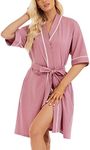 COLORFULLEAF Women's 100% Cotton Short Robes Summer Lightweight Kimono Robe Soft Spa Knit Bathrobe Sleepwear for Ladies, Dusty Rose