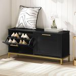 HOOBRO Shoe Storage Bench for Entryway, Shoe Bench with 2 Flip Drawers, Shoe Cabinet with Bench, Hidden Shoe Rack Organizer, for Foyer, Hallway, Mudroom, Black and Gold DB48HX01