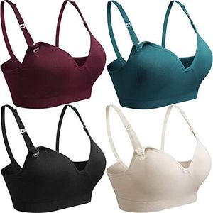 COOSHCO Women's Sleeping Nursing Maternity Bra Push up Wirefree Breastfeeding Bra 3 Ro 4Pack, Black Rosered Green Grey, Medium