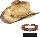 Men's Women's Western Straw Cowboy Hat, Cowgirl Sun Beach Hat with Two Decorative Bands and a Hair Band, Wide Brim Brown