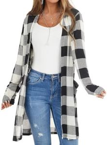 Dressmine Women's Buffalo Plaid Long Sleeve Open Front Cardigans Draped Snap Knit Sweater Coat with Pockets Black XX-Large