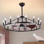 KINGTORO 43.3 inch Large Black Chandelier Fan, Fandelier Ceiling Fans with Lights and Remote, Adjustable Height, 6 Speeds, Wagon Wheel Chandelier for Living Room Kitchen Bedroom