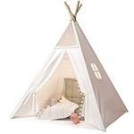 Jodimitty Teepee Tent for Kids 120x120x160cm Cotton Canvas Play Tents Indoor Outdoor, Gift for Girls Boys, Foldable & Portable Wigwam Tipi Play House, Breathable Window Design with Storage Bag