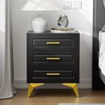 Giluta 3 Drawers Black Nightstand, Modern Bedside Table with Gold Metal Legs & Handles, Fashion Wood Chest of Drawers, Sofa End Side Table for Bedroom, 15.75" D x 19.7" W x 24" H