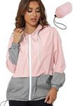 YAOBAOLE Women's Lightweight Windbreaker Color Block Hooded Waterproof Jacket Casual Drawstring Outdoor Raincoat Pink XXXL