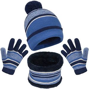 Winter Boys Pom Beanie Hat Scarf and Glove Set with Thermal Fleece Lining for 3-6 Years Old Toddler Little Kids Blue Stripe