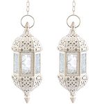 2 Pcs Moroccan Lantern Metalwork Hanging Tealight Candle Holder Metal & Glass Indoor Outdoor Battery Operated LED Flameless with 35cm Chain, White