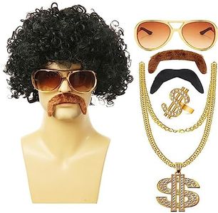 XMANX 6 Pcs Hip Hop Kit, 80s/90s Hip Hop Costume for Men Accessories, Fake Gold Necklace/Bracelet/Punk Sunglasses/Dollar Sign Finger Ring/False Beard