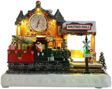 Bdor Christmas Train Station Decoration – Lighted Animated Holiday Village Scene with Train, Clock Tower & Waiting Hall – Plug-in Resin Christmas Tabletop Ornament – 9.8"x5.5"x7.9"