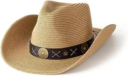 Gossifan Women's Woven Straw Cowboy Hat w/Beaded Trim Band Hat Beach Holiday Sun Hats-Khaki