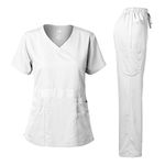 Dagacci Medical Uniform Natural Stretch Premium Women's Scrubs Set Stretch Ultra Soft Top and Pants - White - Large