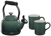 Le Creuset Enamel On Steel Demi Kettle with Metal Finishes & Stoneware Set of 2 Mugs, 1.25 qt. Kettle & (2) 14 oz. Mugs, Artichaut
