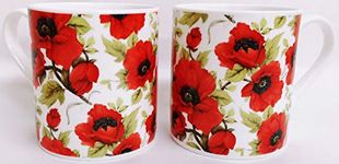 Red Poppy Mugs Set 2 Fine Bone China Balmoral Poppies Cups Hand Decorated UK