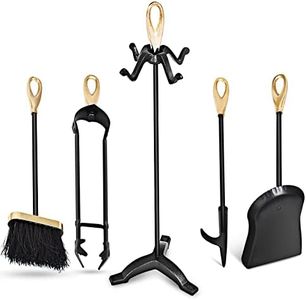 Giantex 5 PCS Iron Fireplace Set, Fireplace Tool Set w/Broom, Shovel, Poker, Tongs & Stand, Coated Hanging Fireplace Utility Tools, Ideal for Fireplace & Stove