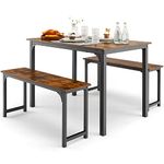 COSTWAY Dining Table Set with 2 Benches, 3 PCS Breakfast Table and Benches with Anti-slip Foot Pads, Space-Saving Kitchen Dinette Table Furniture Set for 4 People Small Space (Coffee+Black)