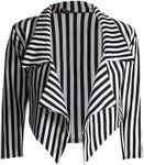 STAR FASHION Women 3/4 Sleeves Stripes Print Open Front Waterfall Crop Blazer Jacket Halloween Costume Black/White Striped 8-10