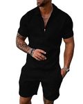 Hoefirm Men's Tracksuit Polo Short Sleeve Suit Set Zip Joggers Gym Top Casual Running Sport Sweat Activewear 2 Piece Suit Pants Black L