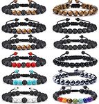 SAMOCO 12 Pcs Adjustable Lava Rock Stone Essential Oil Diffuser Bracelet Braided Elastic Rope Stone Yoga Beads Bracelets for Men Women, 7.5-12.6 inches, Stone, no gem type