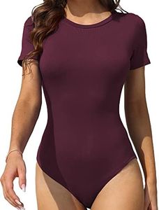 LAOLASI Women's Round Neck Short Sleeves Slim Fit Casual Body Suit Sexy Basic Bodysuit T Shirts Tops, Wine Red 02, Medium