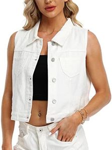 WUDODO Womens Denim Jean Vest Classic Cropped Distressed Spread Collar Sleeveless Jean Jacket