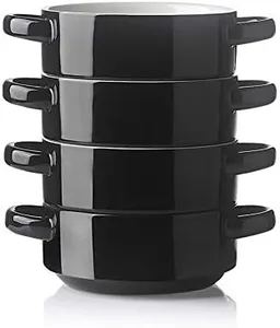 SWEEJAR Ceramic Soup Bowls with Double Handles, 20 Oz Stacked Bowls for French Onion Soup, Cereal, Pot Pies, Stew, Chill, Pasta, Set of 4 (Black)