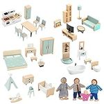 Wooden Dollhouse Furniture Set, 36pcs Furnitures with 4 Family Dolls, Dollhouse Accessories Pretend Play Furniture Toys for Boys Girls & Toddlers 3Y+