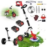 Lemolifys Weed Wacker with Wheels, 21V 2000mAh Battery String Trimmer, 3-in-1 Lightweight Grass Trimmer Cordless, Lawn Edger & Mower, Weed Eater with 2 Battery and 1 Charger, Brush Cutter for Garden