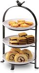 SparkWorks 3 Tiered Cake Stand, Tea Party Serving Platter, Dessert and Cupcake Stand, Metal Tiered Serving Stand Includes Three Premium White Stoneware Plates