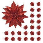 BANBERRY DESIGNS Artificial Poinsettia Flowers - Set of 24 – 3 ¾” Red Glittered Poinsettia Clip On Ornaments - Christmas Decorations - Decorative Floral Accessories