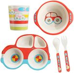 5 Piece Bamboo Dinnerware for Kids, Toddler, Car Plate and Bowl Set, BPA Free, Eco Friendly and Dishwasher Safe, Great Birthday, Baby Shower