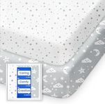 Pack and Play Sheets Fitted, TotBasic Buttery Soft Portable Crib Sheets, Compatible with Graco Pack n Play Playard Crib & Other 27 x 39 Inch Playpen Mattress, 2 Pack Playard Sheets(Grey Stars & Moon)