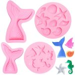 Mermaid Theme Silicone Baking Molds, 4 Pcs Fondant Cake Moulds, DIY Marine Silicone Mould Set, Mermaid Tail Mould, Seashell Mould, Reusable Sweet Baking Molds Tools, for Cake Chocolate Candy Muffin