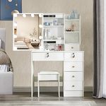 Logimiz Vanity Desk with Lighted Makeup Mirror and Power Outlet, 3 Colors LED Makeup Vanity Mirror Adjustable Brightness Dresser Bedroom Vanity Table Dressing Stool Set with 6 Storage Drawers, White