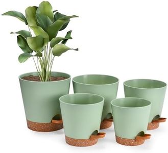 Hallops Self Watering Planter (7/6.5/6/5.5/5 Inch) - 5 Pots with Saucers - Garden Plant Pots with Easy Bottom Holes for Healthy Flowers, Herbs, and House Plants for Indoor with Drainage - Green