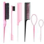 6 Pcs Hair Styling Comb Kit, Teasing Comb Brush Set Includes Fluffy Hair Brush, Double Sided Edge Control Brush, Triple Teasing Comb, Fine Metal Rat Tail Comb for Women Professional Barber (Pink)