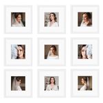 BSRHOME 10x10 White Picture Frame Set of 9,Display Pictures 8x8 with Mat or 10 x 10 without Mat,Multi Collage Gallery Square Photo Frames for Wall or Tabletop