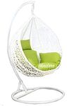 Hindoro Rattan Wicker Wrought Iron Single Seater Swing Chair with Stand & Cushion & Hook Outdoor || Indoor || Balcony || Garden || Patio || Living Outdoor Furniture (White with Green, Oval)