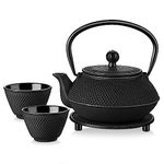 Velaze Iron Teapot Set, Traditional Japanese Tetsubin Tea Kettle Cast Iron Teapot with Stainless Steel Infuser, Antique Small Dot Design, 2 Iron Cups and Trivet Stand Tray, 700ML/ 24OZ