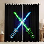 Lightsaber Theme Blackout Curtain(30-50%) Kids Science Fiction Light Saber Curtains for Boys Girls Teens Blue Green Light Sword Darkening Curtain Window Drapes Room Decor (2 Panels， 52 x 84 Inch)