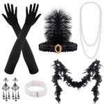 FEPITO 9 Pcs 1920s Accessories Set Flapper Headband Necklace Earrings Long Black Gloves Boa Theme Party Accessories for Women（Set G）