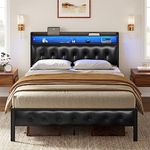 HAUSOURCE Queen Bed Frame with Storage Headboard & Footboard Upholstered Platform Bed with LED Lights USB Ports & Outlets Non-Slip Without Noise Strong Metal Slats Support No Box Spring Needed