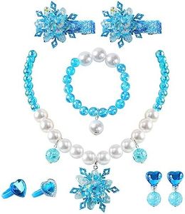 Cumwoen Snowflake Jewelry Set for Girls Queen Necklace Bracelet Ring Earrings Hair Clips Princess Costume Dress Up Accessories Blue for Elsa