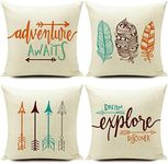 Pillow Covers Camping Theme18X18 Inch Set of 4 Throw Pillow Case Farmhouse Couch Decorative for Rv Travel Outdoor Cushion White Linen Home Decor Sofa Classroom Inspirational Words Arrows Feathers
