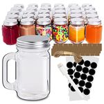 DESIYUE 30 Pack Small Mason Jars, 1.5 oz Mini Mason Jar Glasses with Lids & Handles Mini Honey Jars Halloween Decorations & Fall Décor, Mini Mason Jars with 30 Labels and Hemp Rope & Pen