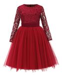 Aibaowedding Girls’ Princess Dress, Long Sleeve Lace Dress, Tulle Skirt, Flower Girl Dresses, Birthday Party, Bridesmaid Dress, 2-12 Years Old, wine red, 6-7 Years